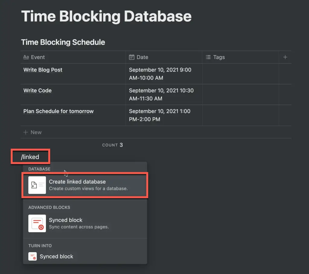 Creating a linked database in Notion