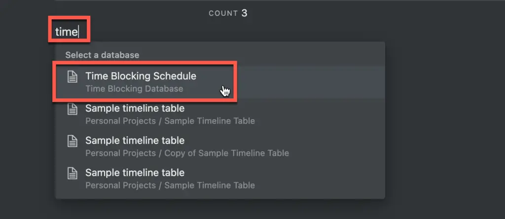 Selecting time blocking table for linked database in Notion