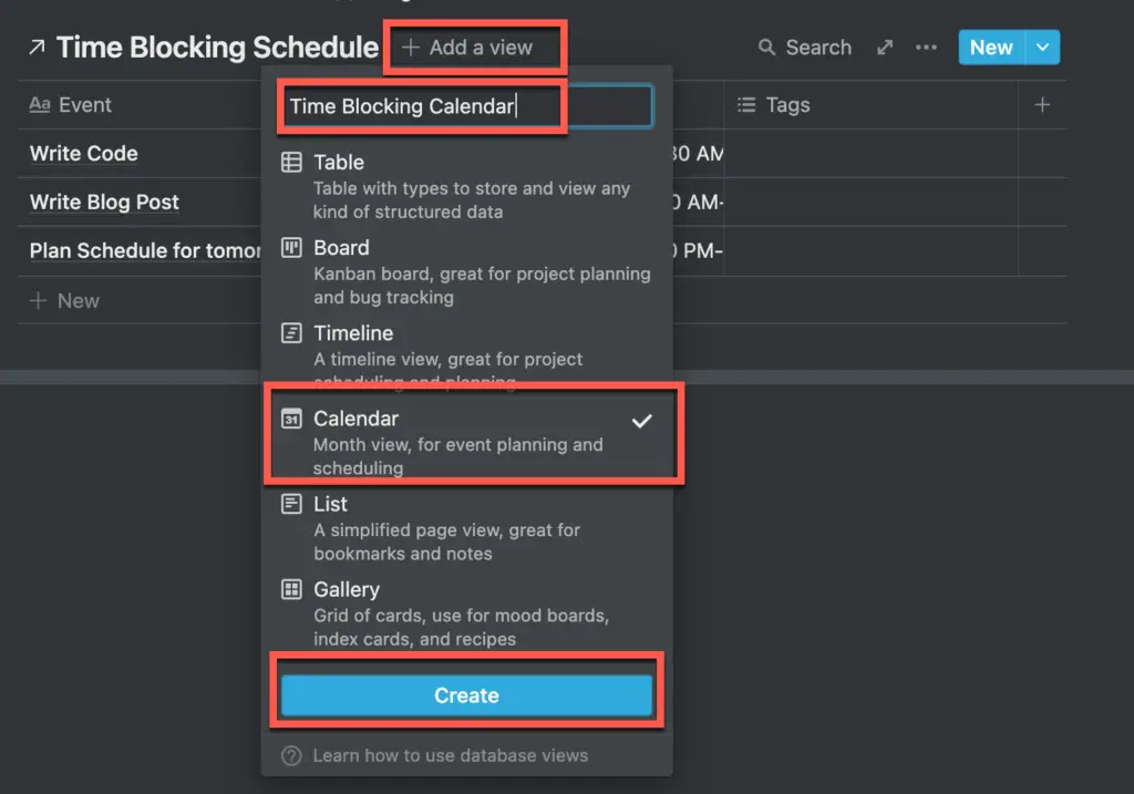 Adding a calendar view to a linked database in Notion