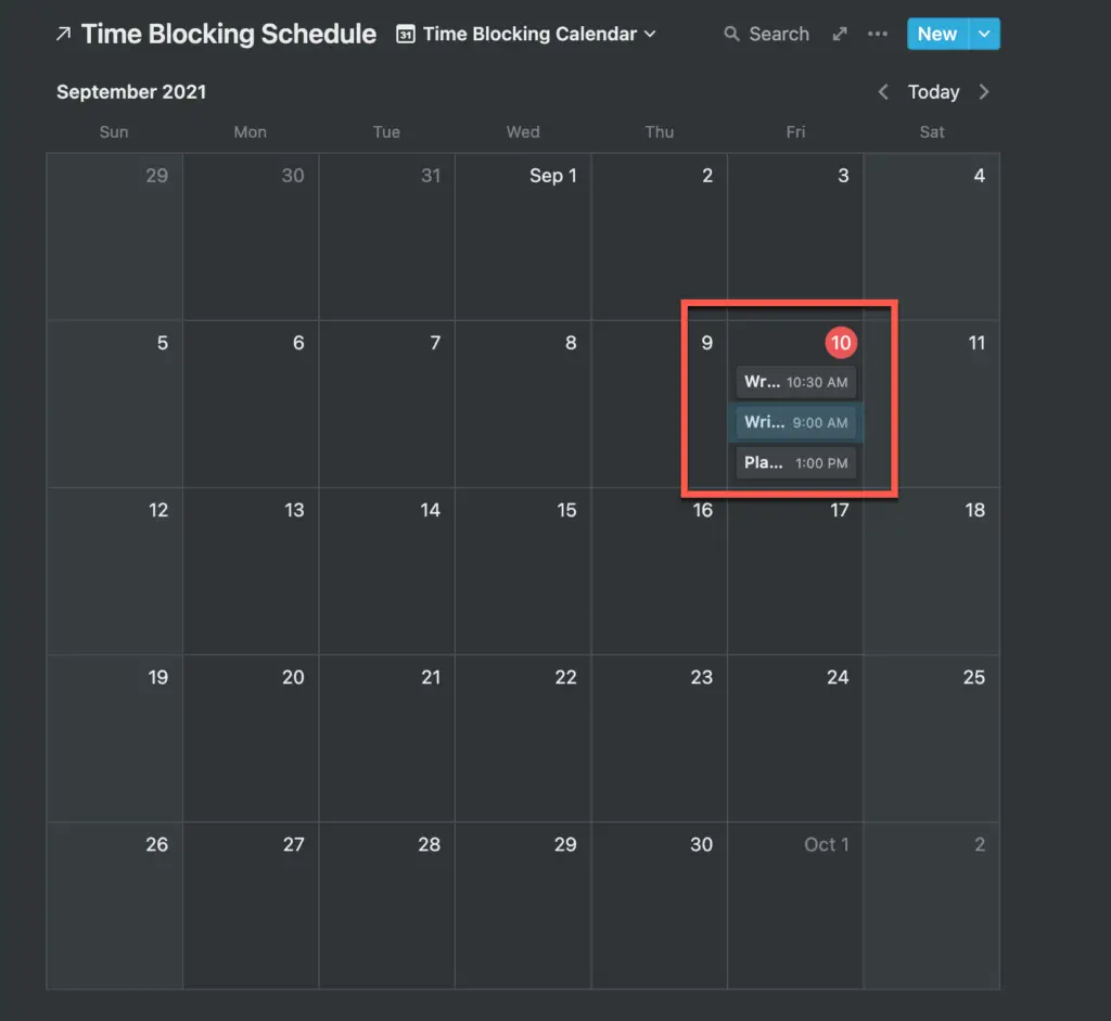 time blocks in a calendar in Notion