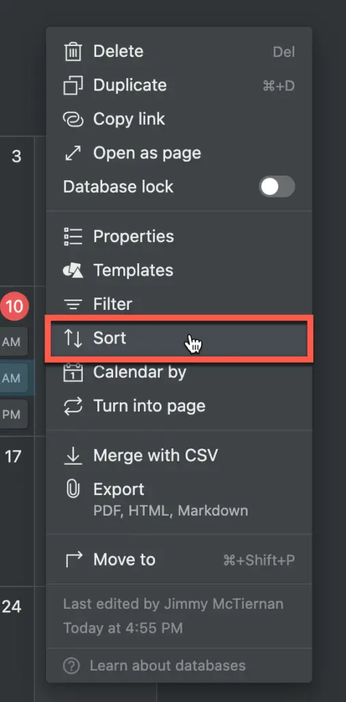 The Sort option in Notion