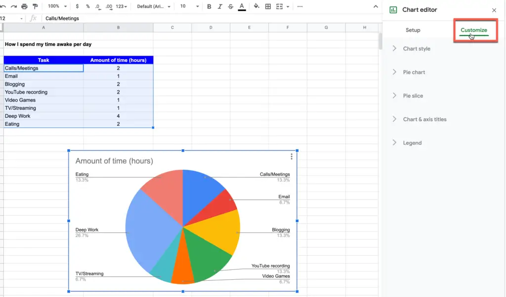 Accessing the Customize chart option in Google Sheets