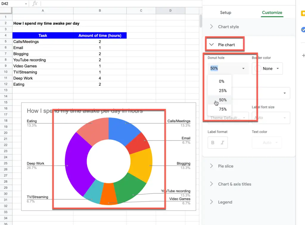 Setting the donut hole size to 50% in Google Sheets