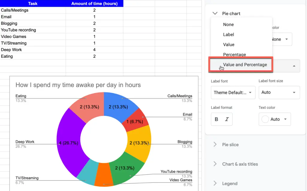 Value and Percentage setting for pie chart in Google Sheets