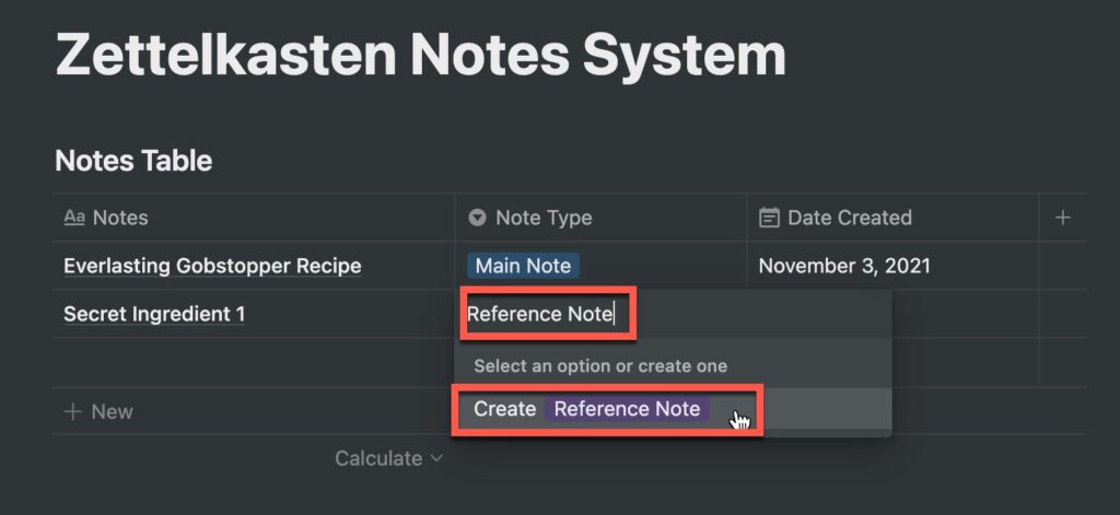 Adding a Reference Note to Notes Table in Notion