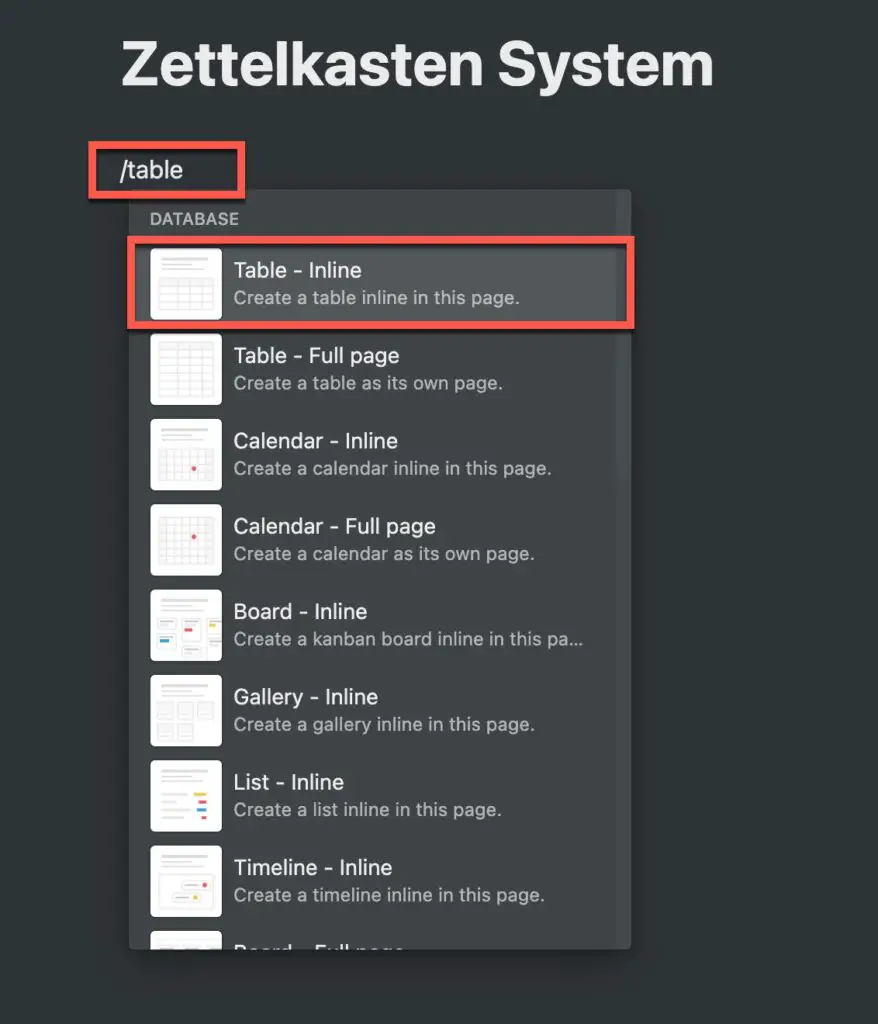 Creating a table in Notion