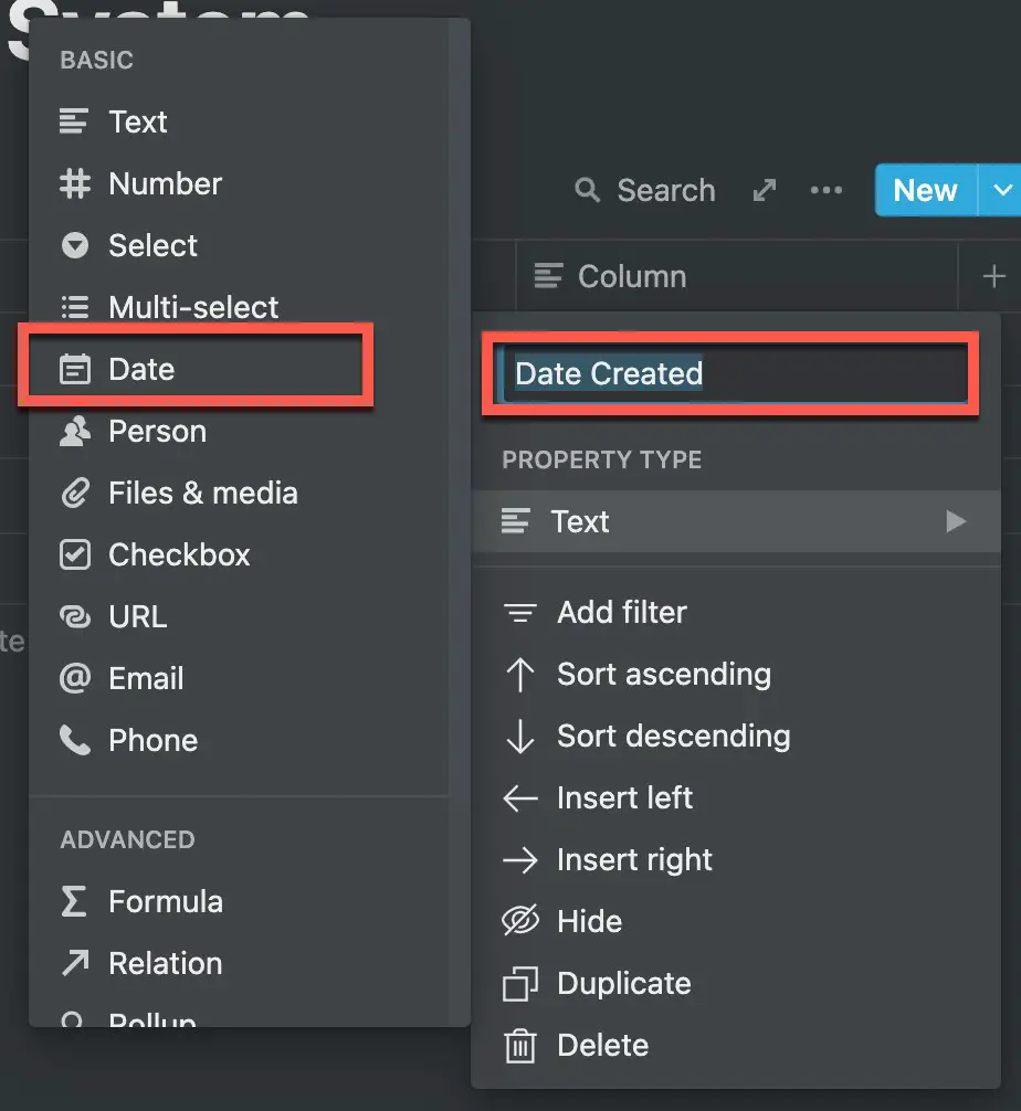 Creating a Date Created column in a Notion table