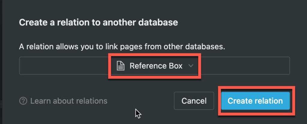 Picking the database to use as a relation in Notion