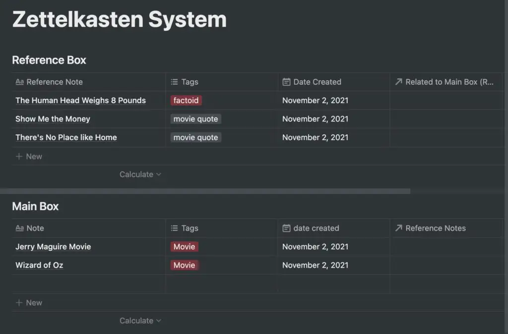 Notes in Our Reference and Main box tables in Notion