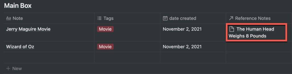 A reference note link attached to a main note in Notion