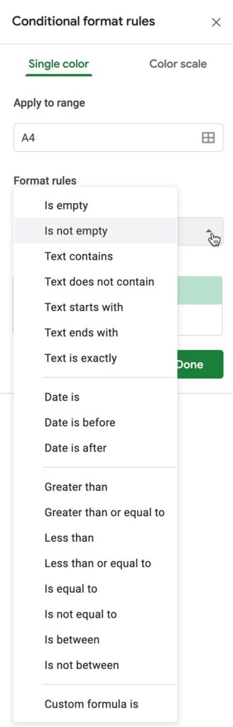 Criteria Options for Conditional Formatting in Google Sheets