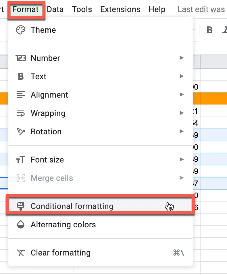 Selecting Conditional Formatting in Google Sheets