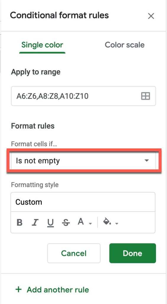 Click on the "Format cells if..." drop-down menu to set conditions in Google Sheets
