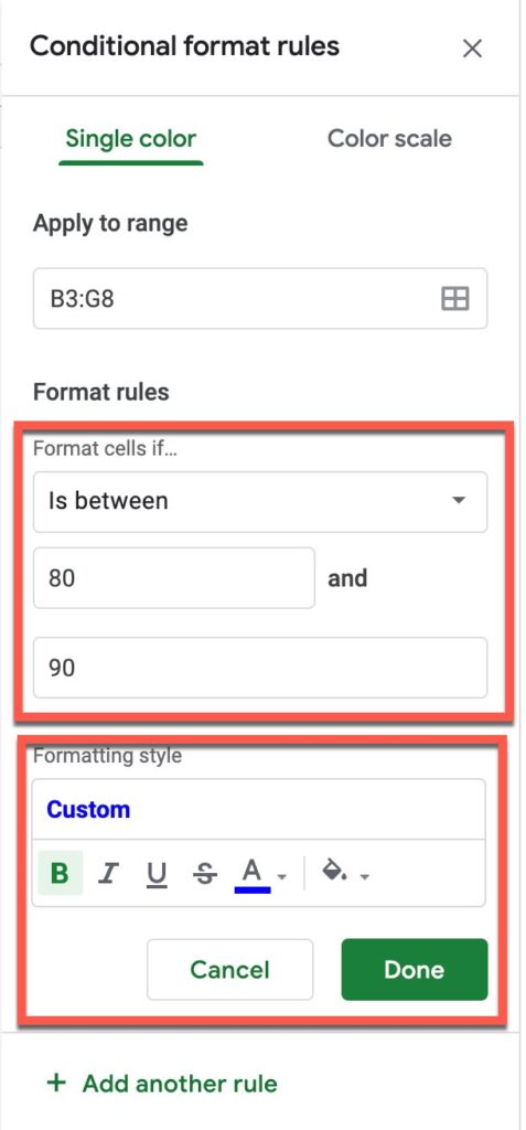 Configuring a conditional rule in Google Sheets