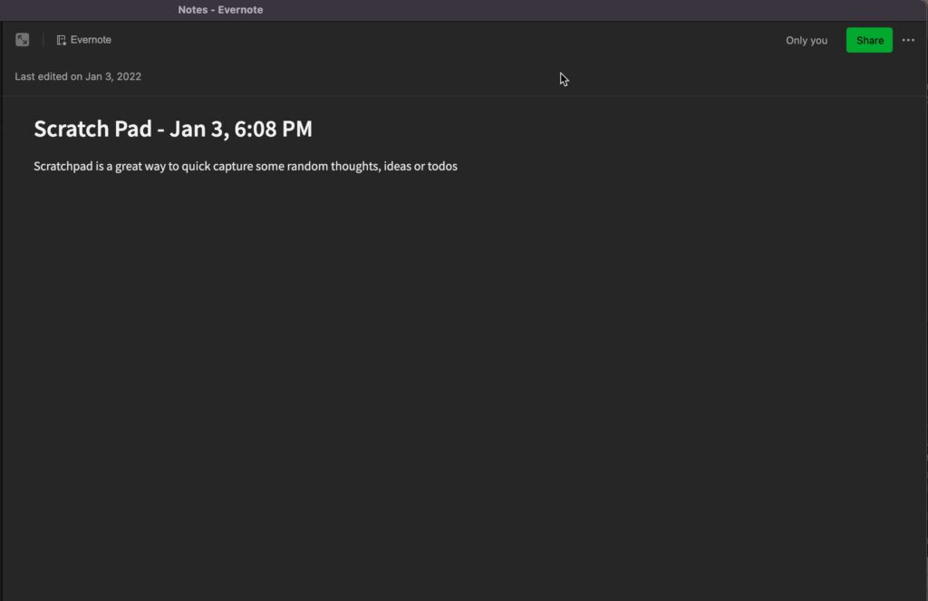 Scratchpad entry converted into a note in Evernote