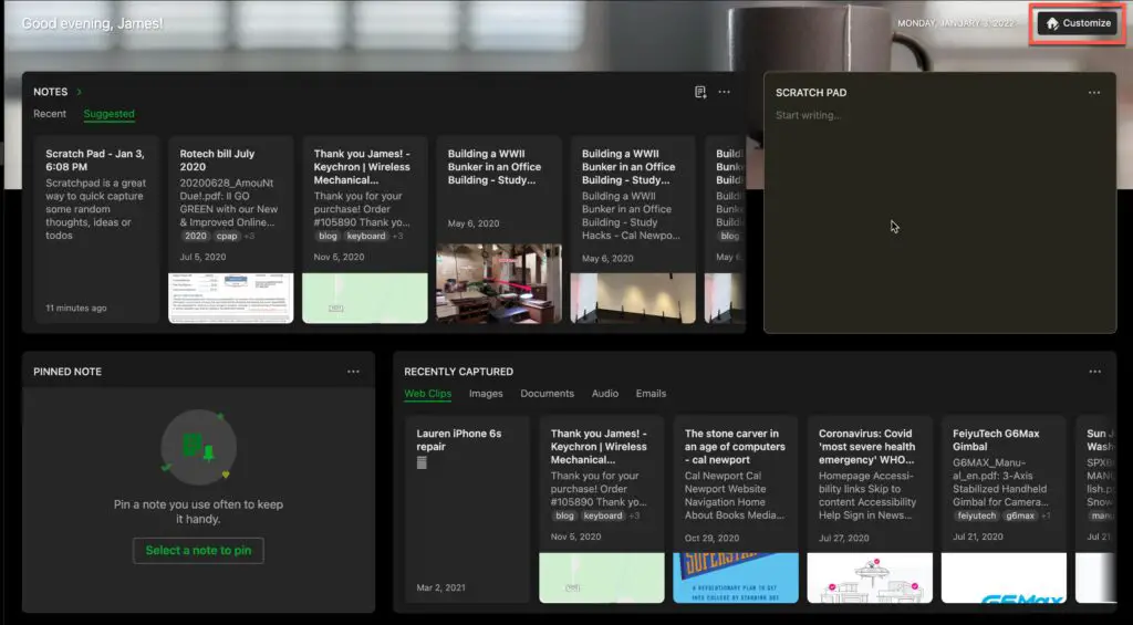 Click "Customize" to Customize your Evernote Home Screen