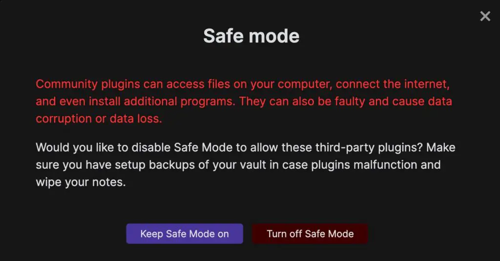 Obsidian warning message regarding third-party community plugins