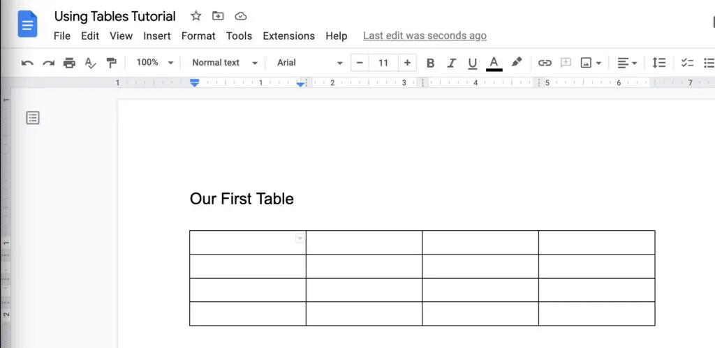 a 4x4 table in Google Docs