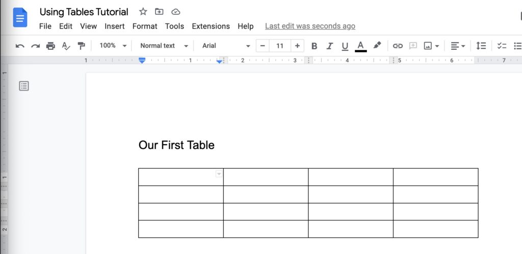 a 4x4 table in Google Docs