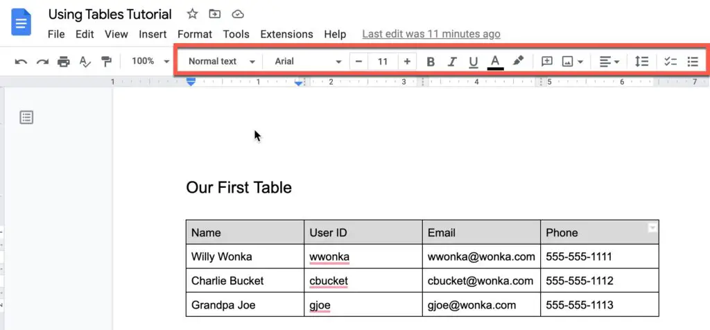 Click on the formatting options in the text format toolbar to apply formatting the text in Google Docs