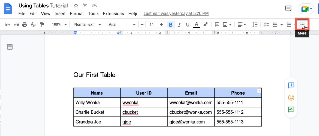 Click the ellipsis button to bring up more formatting options in Google Docs