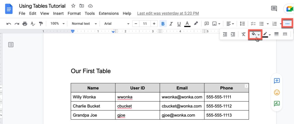 Background Color Button in Google Docs