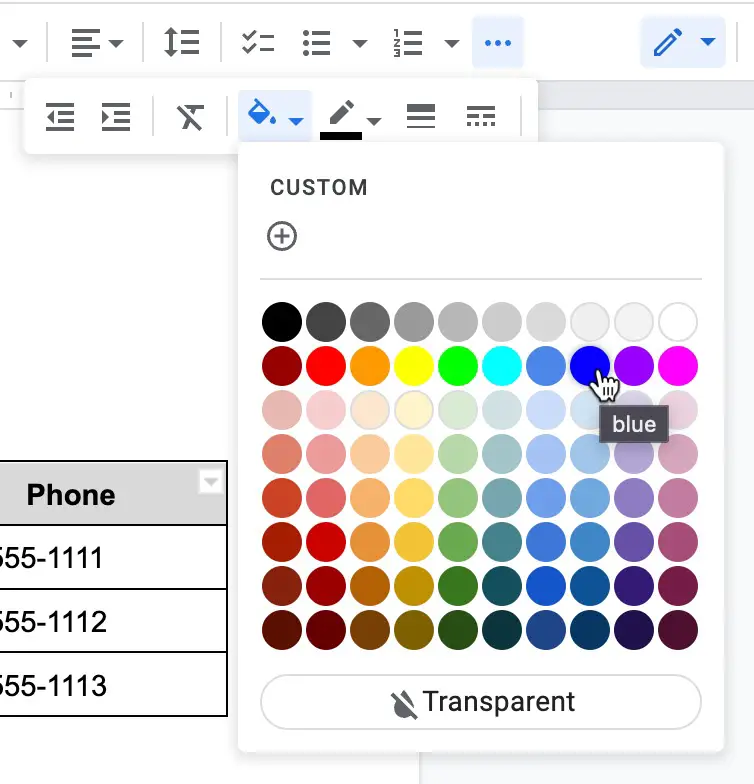 Pick Color from Color Picker in Google Docs