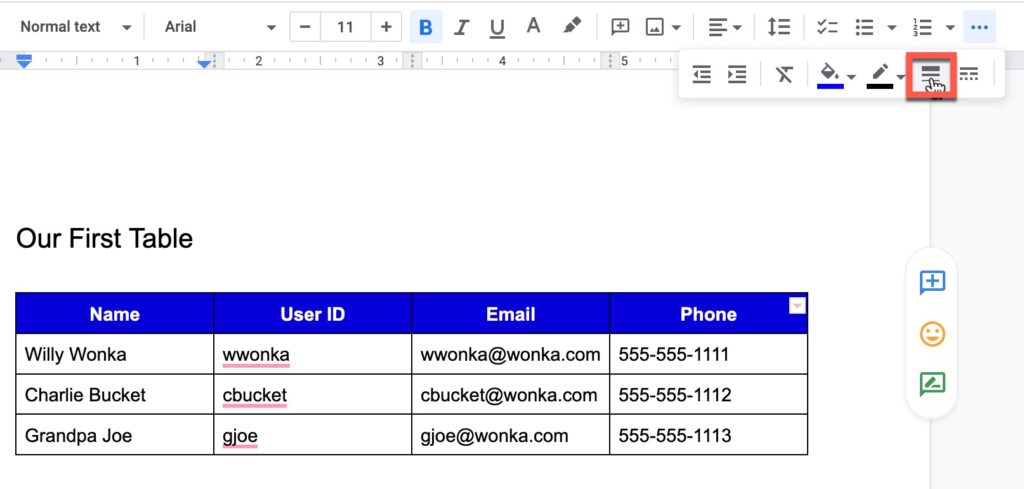 Border width button in Google Docs