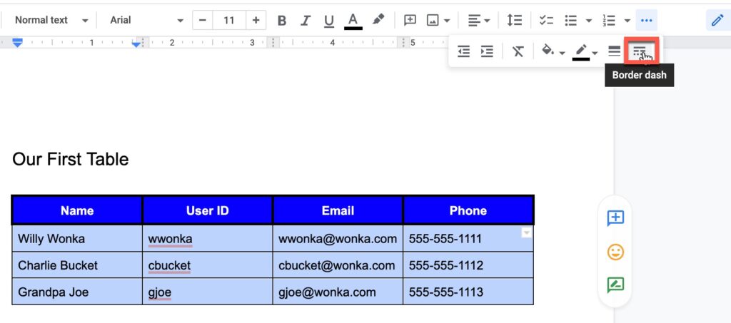 Click the border dash button to change the border type in Google Docs