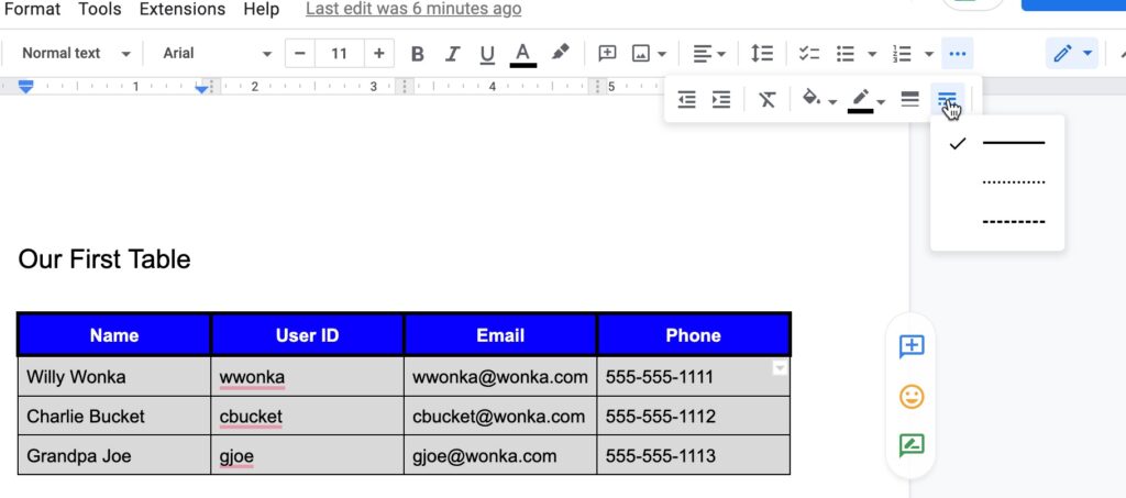 Border line options in Google Docs