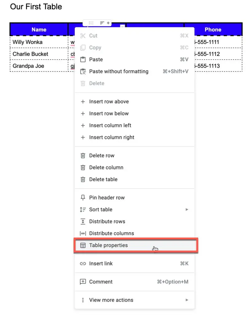 Table Properties in Google Docs