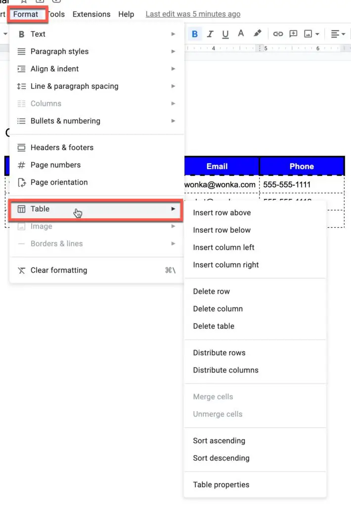 Table formatting options in Google Docs