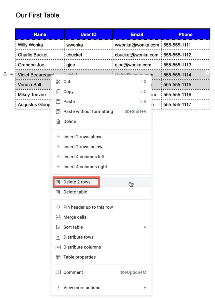 choose delete x rows to delete rows in your table in Google Docs