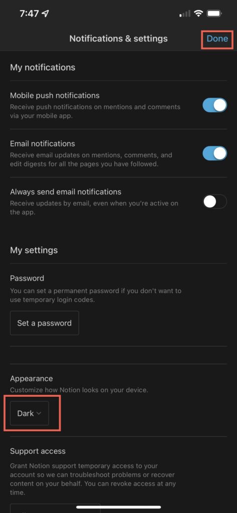 Press "Done" to exit the "Notifications & settings" screen