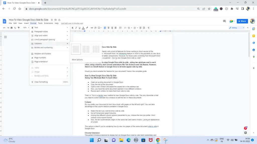 Columns in Google Docs