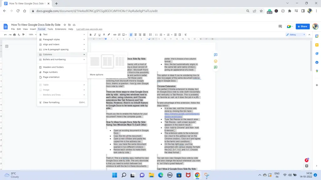 Text on Google Docs side by side