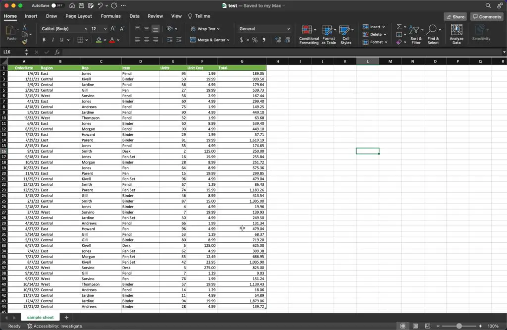 Microsoft Excel Spreadsheet