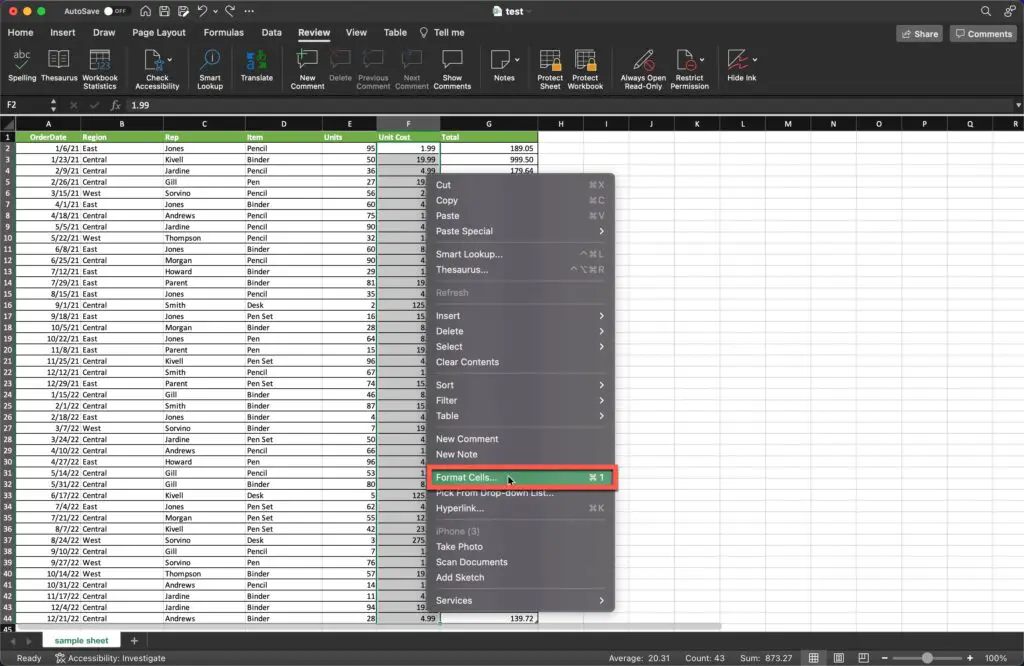 Right Click and select "Format Cells..."