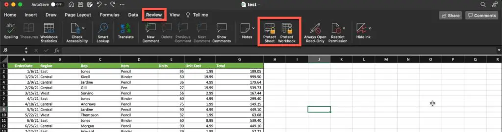 Click the "Review" tab and select either protect sheet or protect worksheet