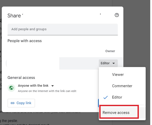 Remove access from shared file in Docs