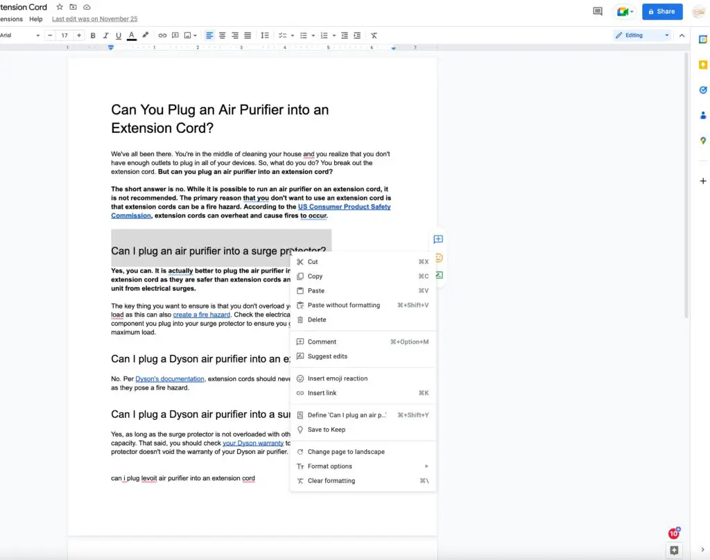 Editing in Google Docs