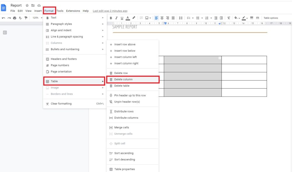 Deleting column in table