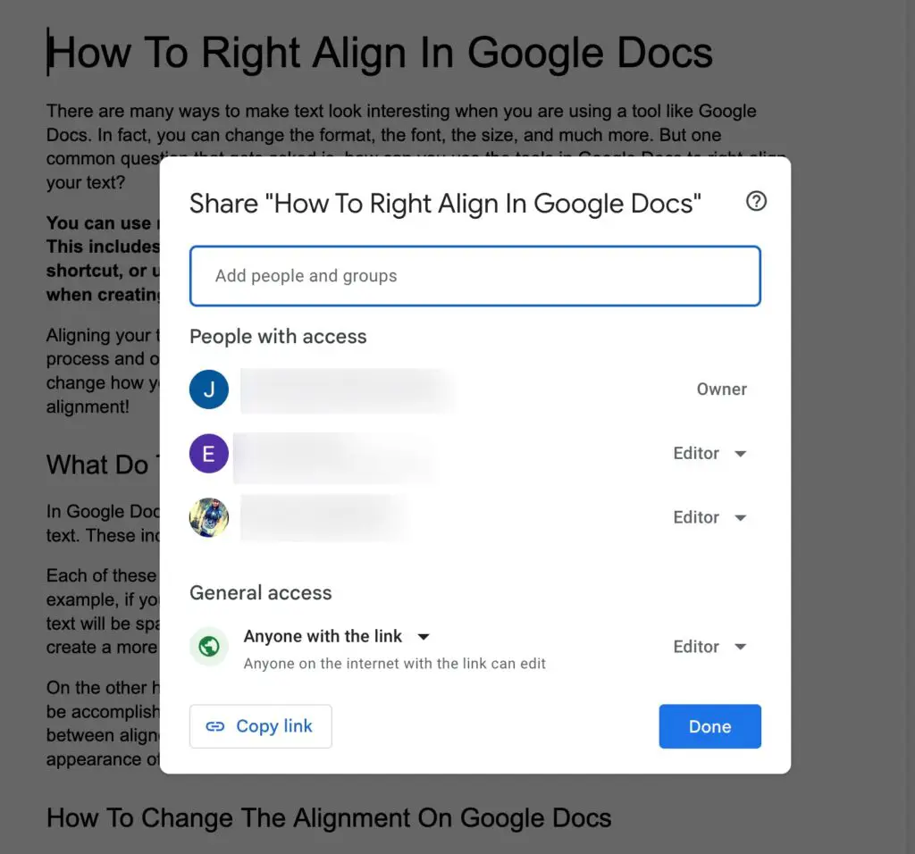 Sharing access to a document in Google Docs