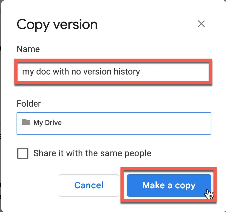 Give you version less document a name and click the "Make a copy" button