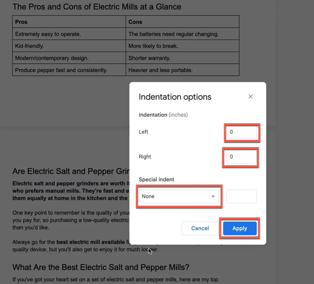 Indentation options in Google Docs