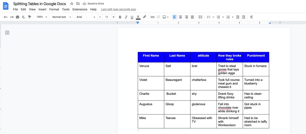 A table in Google Docs