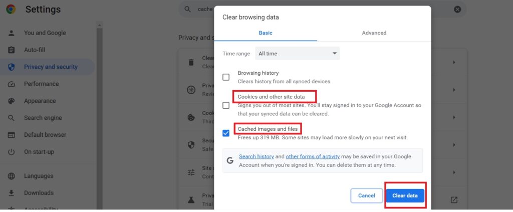 Clear cache and cookies