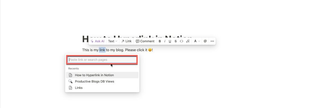 Paste in the Link or Start Typing the Name of the Page You Want to Link