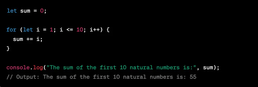 Calculating the sum of the first ten natural numbers using a for Loop in JavaScript