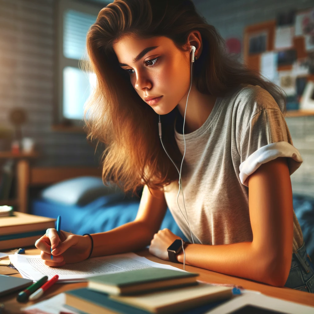 student studying while listening to music